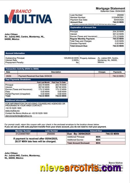 Mexico Banco Multiva mortgage statement Word and PDF template